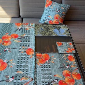 Zen Bird and Fruit Table Setting Set - 8, 11, 15 or 19 Pieces, Runner, Placemats, Coasters and Pillow Covers, Machine Washable