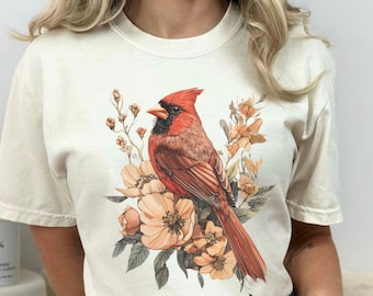 Cardinal Comfort Colors Shirt, Floral Cardinal Shirt for Bird Watching tshirt, Flower Bird Lover T Shirt, Cardinal tshirt, Cardinal t-shirt