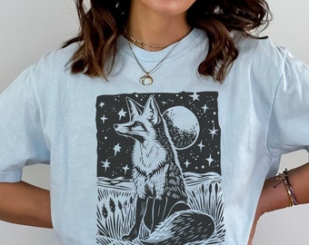 Fox Linocut Shirt Lino Print Comfort Colors Shirt Vintage Floral Cottagecore tshirt Lino Print Fox Tee Fairycore Goblincore Green Witch Tee