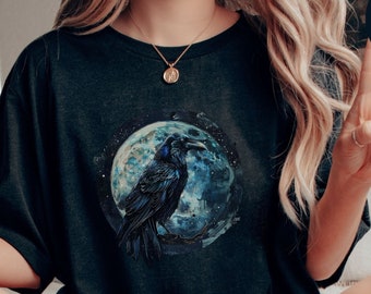 Whimsigoth Raven Shirt Gothic Raven Shirt Boho Crow Shirt Boho Raven Tshirt Witchy Shirt Starry Night Crow Shirt Raven Goblincore Shirt