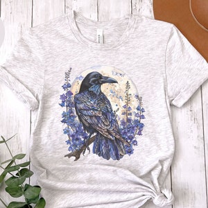 Whimsigoth Raven Shirt Gothic Raven Shirt Boho Crow Shirt Boho Raven Tshirt Witchy Shirt Blue Bell Floral Shirt Raven Goblincore Shirt