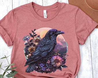 Crow Raven tShirt Floral Raven Shirt Boho Crow Shirt Crow Tshirt Green Witch Shirt Crow t-shirt Poe Raven Shirt Raven Crow t Shirt Women Tee