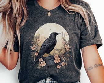 Halloween Raven Shirt Whimsigoth Raven Shirt Boho Crow Shirt Boho Raven Tshirt Witchy Shirt Dark Academia Shirt Raven Goblincore Shirt