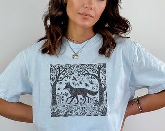 Fox Linocut Shirt Lino Print Comfort Colors Shirt Vintage Floral Cottagecore tshirt Lino Print Fox Tee Fairycore Goblincore Green Witch Tee