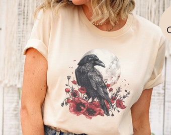 Whimsigoth Raven Shirt Gothic Raven Shirt Boho Crow Shirt Boho Raven Tshirt Witchy Shirt Poppy Floral Shirt Raven Goblincore Shirt