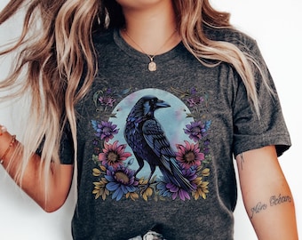 Crow Raven tShirt Floral Raven Shirt Boho Crow Shirt Crow Tshirt Green Witch Shirt Crow t-shirt Poe Raven Shirt Raven Crow t Shirt Women Tee