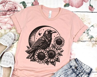 Whimsigoth Raven Linocut Shirt Lino Print Raven Shirt Boho Crow Shirt Boho Raven Tshirt Witchy Shirt Dark Academia Shirt Goblincore Shirt