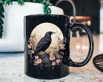 Whimsigoth Raven Coffee Mug, Gothic Raven Cup, Boho Crow Coffee Cup, Witchy Tea Cup, Dark Academia Evermore Cup, Raven Goblincore Coffee Mug