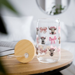 Highland Cow Cup, Coquette Glass Tumbler, Cute Highland Cow Lover Gift, Pink Fluffy Cow Cup Farm Girl Iced Coffee Cup, Cow Iced Coffee Glass