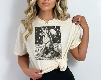 Fox Linocut Shirt Lino Print Comfort Colors Shirt Vintage Floral Cottagecore tshirt Lino Print Fox Tee Fairycore Goblincore Green Witch Tee