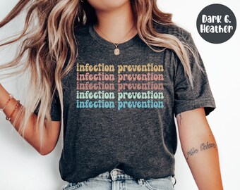 May include: Dark gray heather t-shirt with the words "infection prevention" stacked in a retro font. The text is in a gradient of colors: yellow, pink, orange, blue, and teal. The shirt is a crew neck.