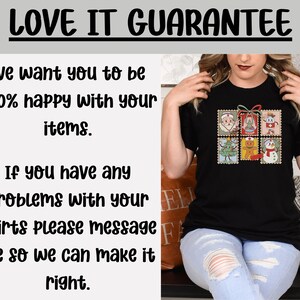 May include: Black t-shirt featuring a Christmas-themed stamp design with Santa Claus, a Christmas tree, and a snowman. The text "LOVE IT GUARANTEE" is at the top. The shirt also has the text "We want you to be 100% happy with your items."