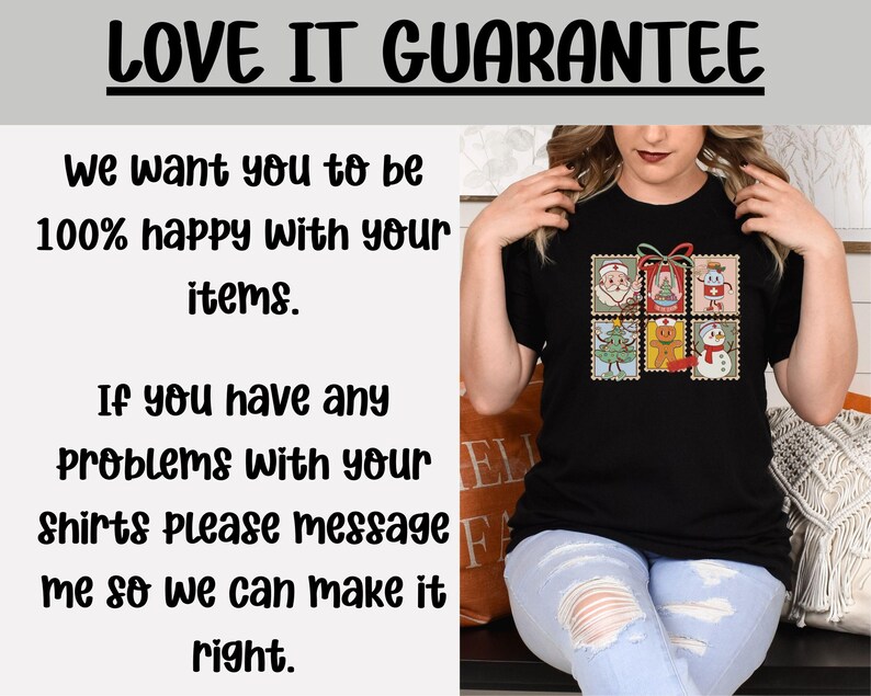 May include: Black t-shirt featuring a Christmas-themed stamp design with Santa Claus, a Christmas tree, and a snowman. The text "LOVE IT GUARANTEE" is at the top. The shirt also has the text "We want you to be 100% happy with your items."