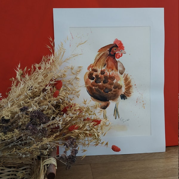 poule, animal, ferme, poulet, coq, aquarelle, peinture, rouge, marron, pattes, bec