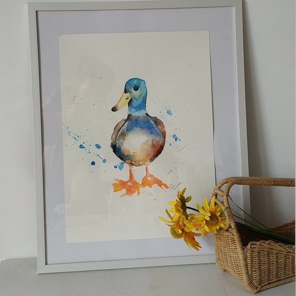 Canard, colvert, animal, bassecour, ferme, bleu, orange, coloré, aquarelle, peinture