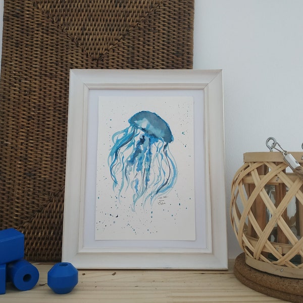 méduse, animal, marin, mer, bleu, poulpe, pieuvre, Aquarelle, peinture, petit format, océan, crustacé