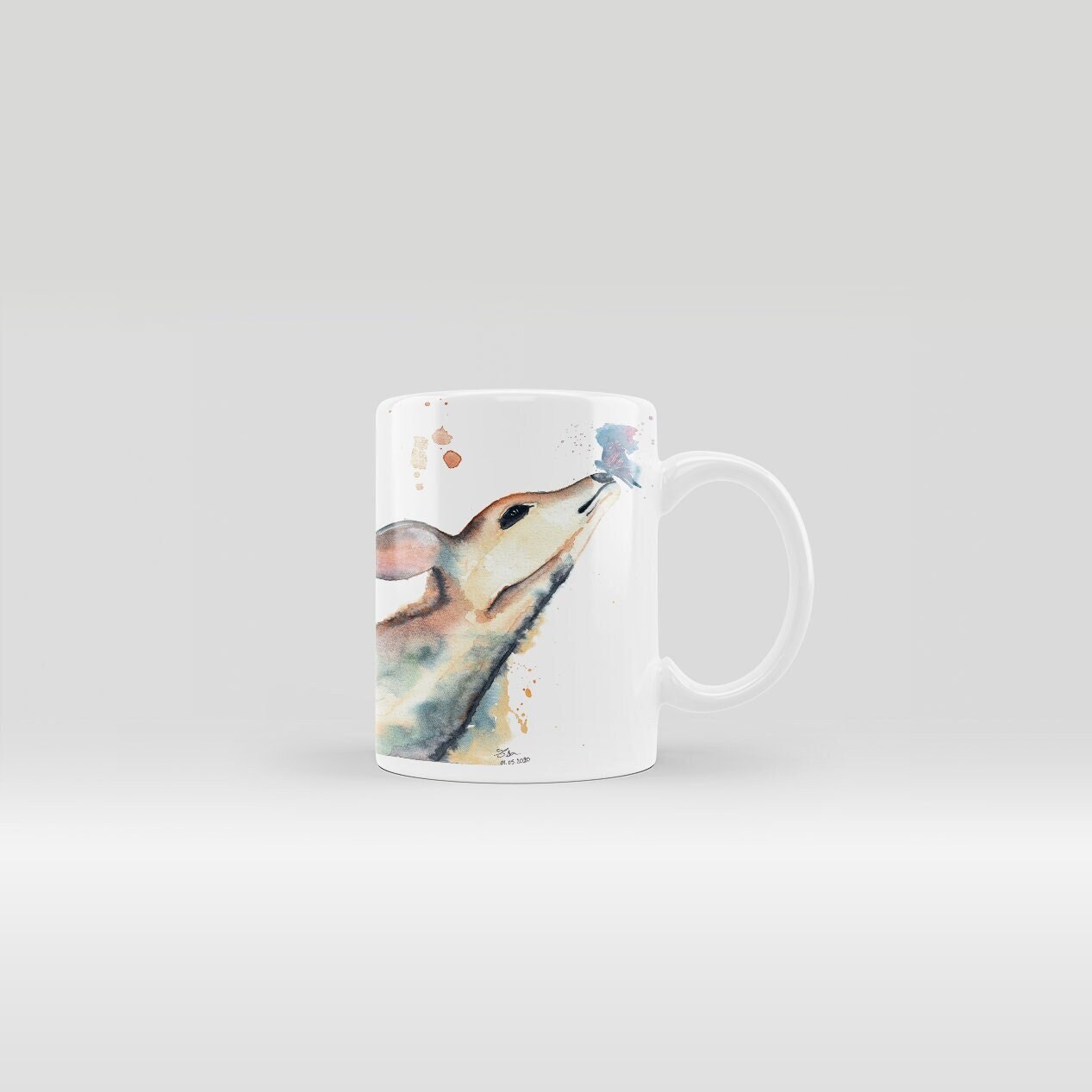 Mug Biche Papillon Tasse Animal Aquarelle Portrait Marron Violet