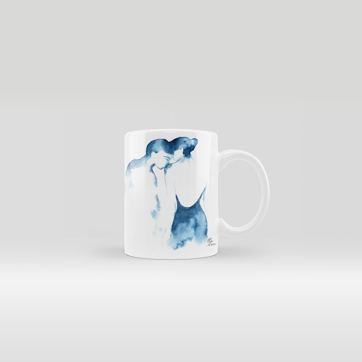 Mug Couple Amoureux Tasse Romantique Bleu Monochrome à Deux Homme et Femme Aquarelle