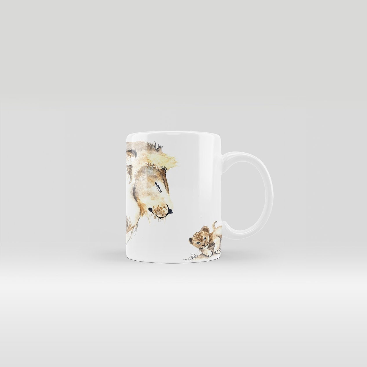 Mug Lions Famille Bebe Deux Enfants Lionceaux Savane Sépia Aquarelle Tasse Quatre Neutre