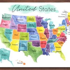 May include: A watercolor map of the United States with the text United States at the top and Digital Download vertically on the left side. Each state is filled with a distinct watercolor wash in various colors, with state names printed in black.
