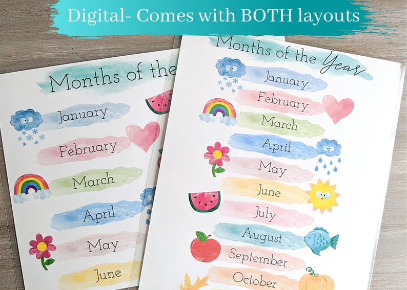 May include: Two printable charts with watercolor backgrounds and illustrations depicting the months of the year. The first chart features a rainbow, a heart, a cloud, a flower, and a watermelon. The second chart features a cloud, a heart, a rainbow, a flower, a watermelon, a sun, a fish, an apple, and a pumpkin. The text on both charts reads "Months of the Year".