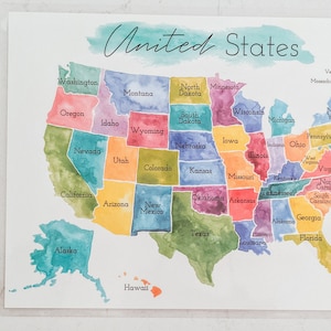 Karte der Vereinigten Staaten von Amerika, Digitale Landkarte der Vereinigten Staaten von Amerika, Wasserfarben, Montessori Materialien, Lernposter