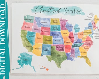 Map of the United States of America, Digital United States Map, Watercolor Map, Montessori Materials, Educational Posters