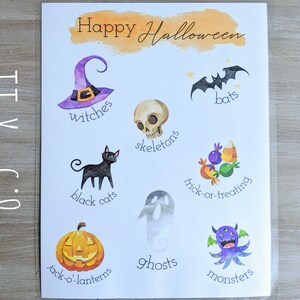 May include: A printable 8.5 x 11 inch sheet with illustrations of Halloween icons, including witches, bats, skeletons, black cats, trick-or-treating, jack-o'-lanterns, ghosts, and monsters. The text "Happy Halloween" is at the top of the sheet.