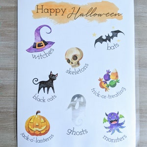 May include: A printable Halloween-themed chart with illustrations of a witch's hat, black cat, skeleton, bat, candy, ghost, and monster. The text reads "Happy Halloween", "Witches", "Black Cats", "Skeletons", "Bats", "Trick-or-Treating", "Jack-o'-Lanterns", "Ghosts", and "Monsters".