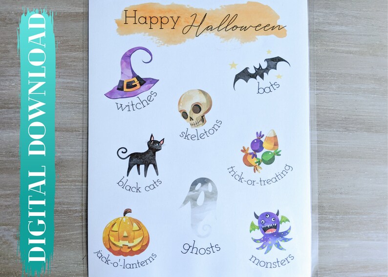 May include: A printable Halloween-themed chart with illustrations of a witch's hat, black cat, skeleton, bat, candy, ghost, and monster. The text reads "Happy Halloween", "Witches", "Black Cats", "Skeletons", "Bats", "Trick-or-Treating", "Jack-o'-Lanterns", "Ghosts", and "Monsters".