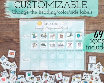 May include: A customisable daily routine chart with a light blue background and 69 icons. The chart is labelled "Jackson's Daily Responsibilities" and includes sections for "My day" and "Done!" The icons include images of getting ready, making the bed, brushing teeth, and more.