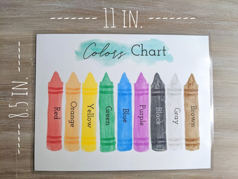 K&ouml;nnte beinhalten: Eine Farbkarte mit Crayon-Illustrationen von Rot, Orange, Gelb, Gr&uuml;n, Blau, Lila, Schwarz, Grau und Braun. Die Karte ist mit "Colors Chart" betitelt und misst 21,6 cm x 27,9 cm.