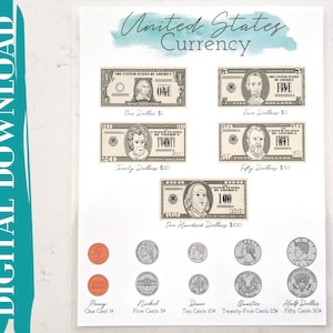 US Currency Poster, Printable United States Money Chart, Digital Download Coins Bills Dollars Cents, Classroom Decor, Teaching Aid, US Money
