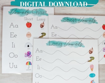 Vowel Chart Printable, Early Literacy, Preschool Learning (Digital Download)