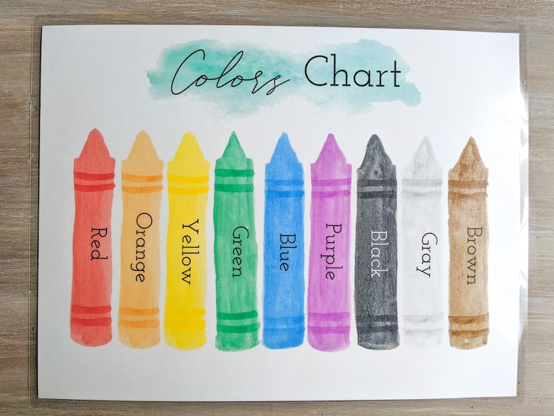 K&ouml;nnte beinhalten: Eine Farbkarte mit Crayon-Illustrationen von roten, orangen, gelben, gr&uuml;nen, blauen, violetten, schwarzen, grauen und braunen Crayons. Die Karte tr&auml;gt oben den Schriftzug "Colors Chart".