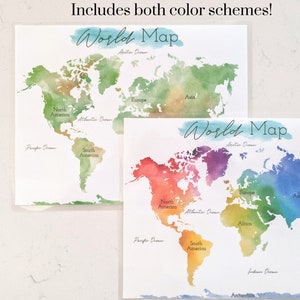 Weltkarte Aquarell, Karte der Welt digitaler Download, druckbare Aquarell Karte, bunte Karte, Weltkarte Wandkunst, Montessori Materialien