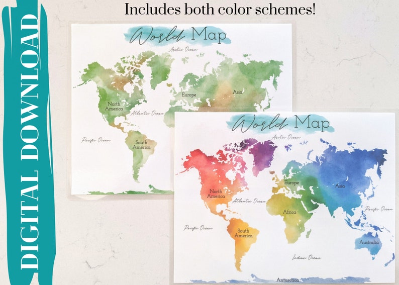 World Map Watercolor, Map of the World Digital Download, Printable ...
