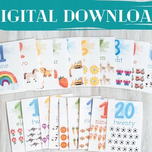 Number Flashcards 1-20 Digital Download, Numbers Flashcards, Kindergarten, Preschool Activity, Toddler Activity, Homeschool, Flashcards