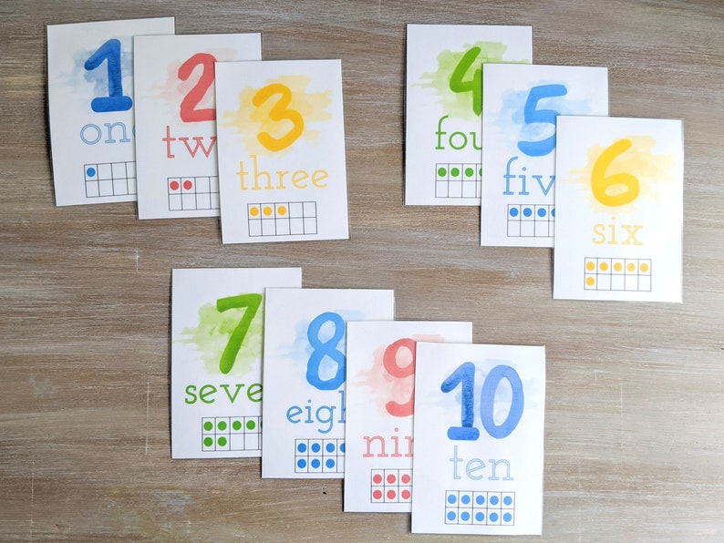 Pu&ograve; includere: Un set di dieci carte educative rettangolari bianche con i numeri da uno a dieci. Ogni carta mostra una grande cifra in stile acquerello, la parola scritta corrispondente e una griglia da dieci con punti colorati che indicano il valore.