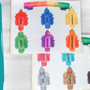 Coincidencia de colores en español imprimible, Juego de combinación de colores de crayón en español, Actividad digital para niños pequeños, Juego preescolar, Aprender colores en español