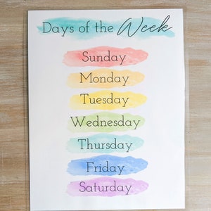 K&ouml;nnte beinhalten: Ein wei&szlig;es, rechteckiges Plakat mit der &Uuml;berschrift Days of the Week in t&uuml;rkisfarbener Aquarellschrift. Es listet die Wochentage von Sonntag bis Samstag in schwarzer Schrift auf, jeweils auf einem horizontalen Aquarellstrich in Rosa, Orange, Gelb, Gr&uuml;n, T&uuml;rkis, Blau und Violett. Gr&ouml;&szlig;e: 21,6 cm mal 27,9 cm.