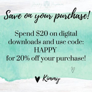 K&ouml;nnte beinhalten: Eine rechteckige Grafik mit einem hellen, t&uuml;rkisfarbenen Aquarellhintergrund und schwarzem Text: Save on your purchase! Spend $20 on digital downloads and use code: HAPPY for 20% off your purchase! Der Text enth&auml;lt ein Herzsymbol und den Namen Kimmy.