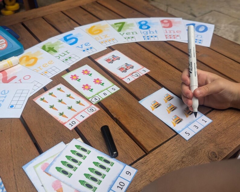 Pu&ograve; includere: Un set di schede educative per contare con numeri, parole scritte e illustrazioni di oggetti come fiori, carote e veicoli. Un pennarello cancellabile bianco viene utilizzato per cerchiare i numeri sulle schede dotate di griglie a dieci.