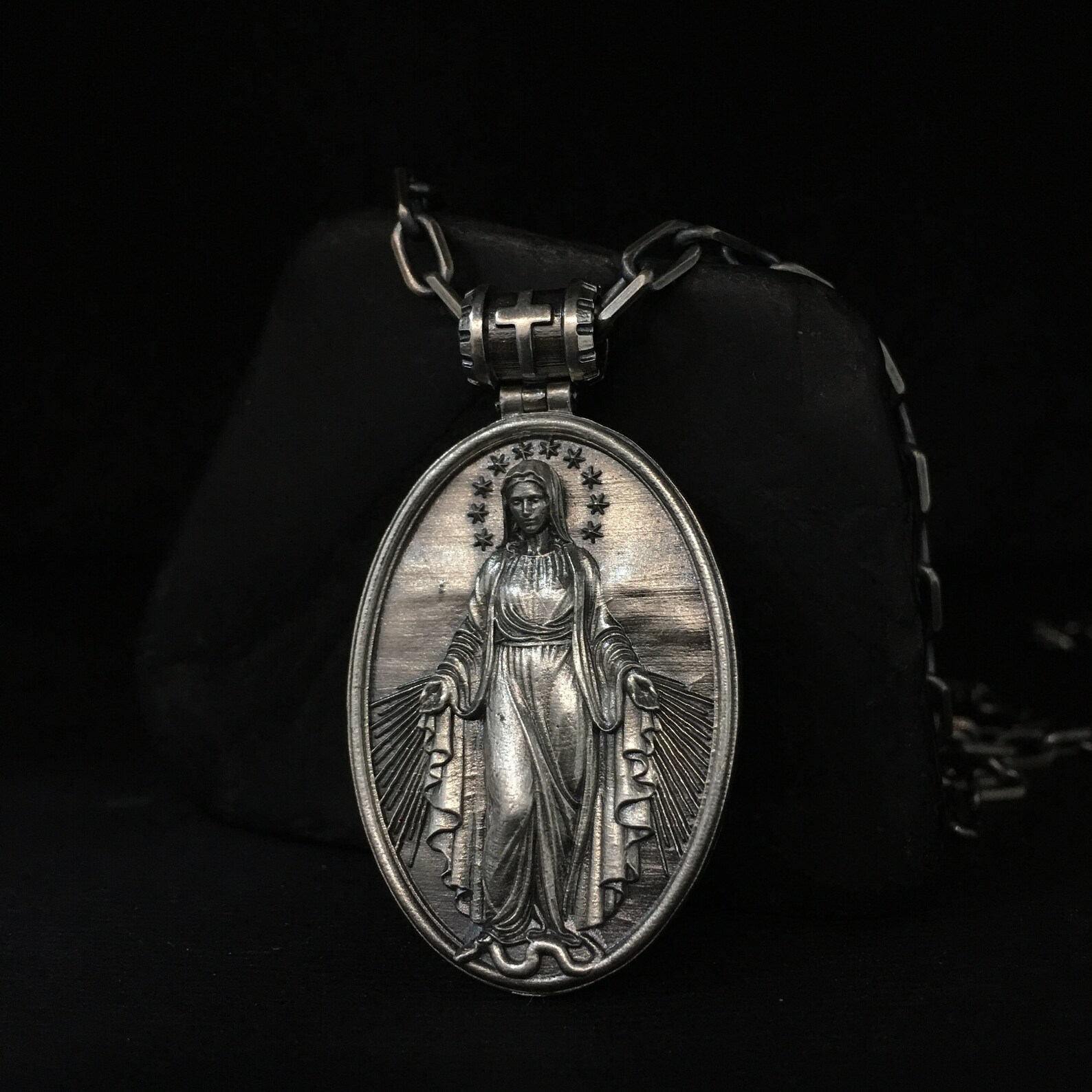 thumbnail image 2 of Pure Luxe Jewelry 3D Virgin Mary Pendant – 68mm Stainless Steel, High Polish, Unisex – Includes Gift Box 2 of 6