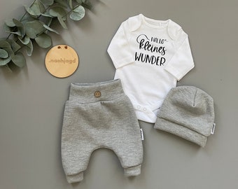 Babyset, Hose, Beanie, Body, Hallo kleines Wunder, Gr. 56, Newborngeschenk, Homecomingoutfit, Geschenk zur Geburt, Erstlingsset