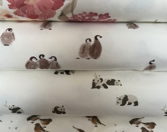 23,98 EUR/m, Family Fabrics Jersey, Rotkehlchen, Panda, Pinguin, Blumen, Stoffpaket