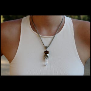 PURE CLEAR QARTZ silver pendant with tiger eye stone, Silver Lemurian Quartz, Natural Large Quartz Pendant, Quartz Healing Crystal Pendant