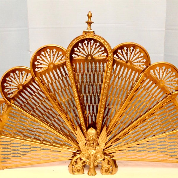 1920s Brass Fireplace Screen with Gothic Gargoyle | Antique Brass Retractable Folding Peacock Fan | Victorian Style Brass Fire Screen |