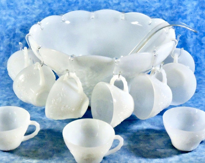 Vintage Milk Glass Punch Bowl Set Anchor Hocking Grape Vine 12 Cup