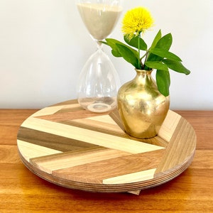 Handcrafted Mosaic Wood Lazy Susan | 12&quot; Round Wood Tabletop Serving Platter | Spinning Charcuterie Board Solid Wood Decorative Decor Stand
